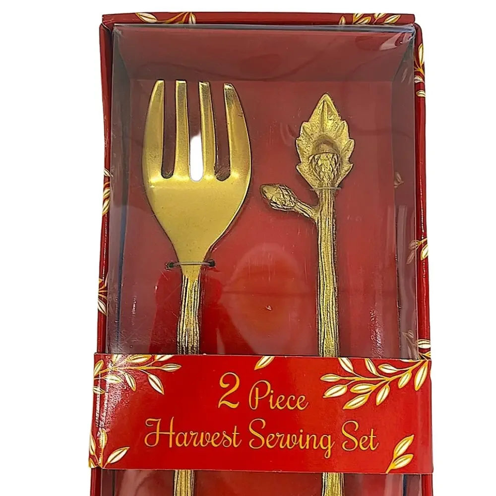 Harvest Serving Set 2 Piece Gold Tone Utensil Spoon‎ & Fork Large